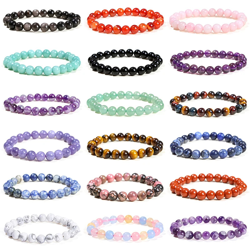 Natural Stone Beads Bracelet — Amethyst, Tiger Eye, Crystal & More
