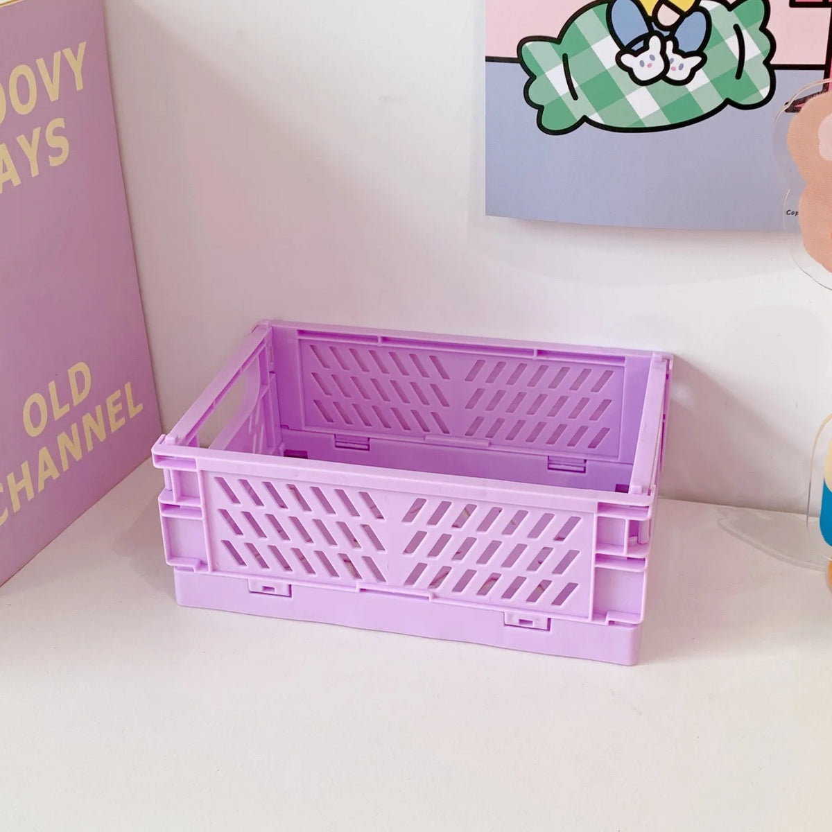 Stackable Foldable Plastic Desk Storage Basket, Cute Stationery Organizer Box for Student and Office Desktop Supplies