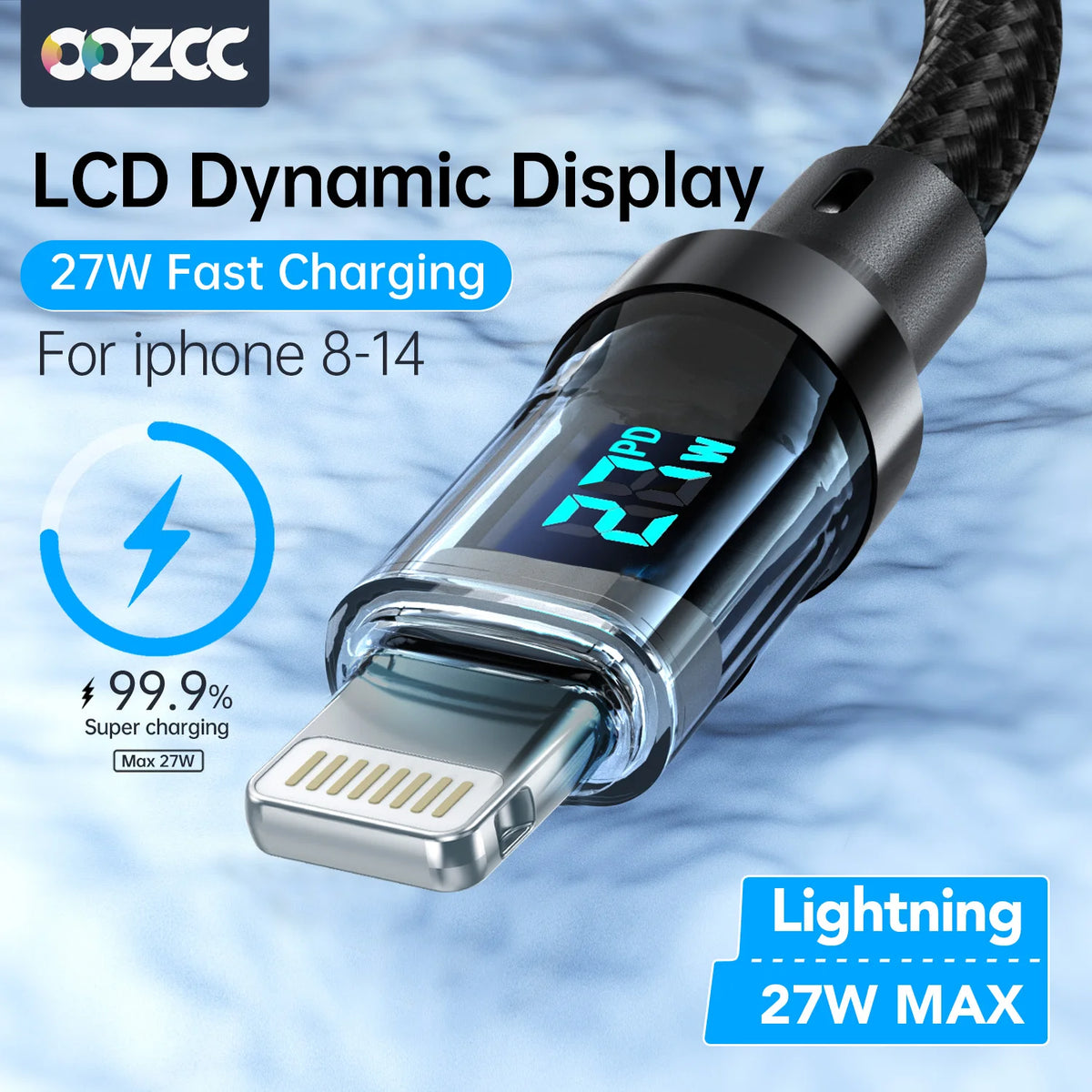 27W PD Fast-Charging Lightning Cable with LCD Display — USB-A/USB-C, 1m & 2m