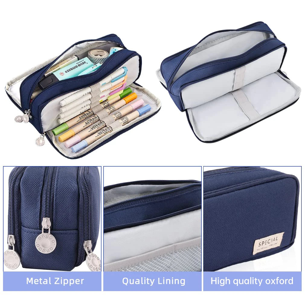 Large Capacity 3-Compartment Pencil Case & Desk Organizer Pouch