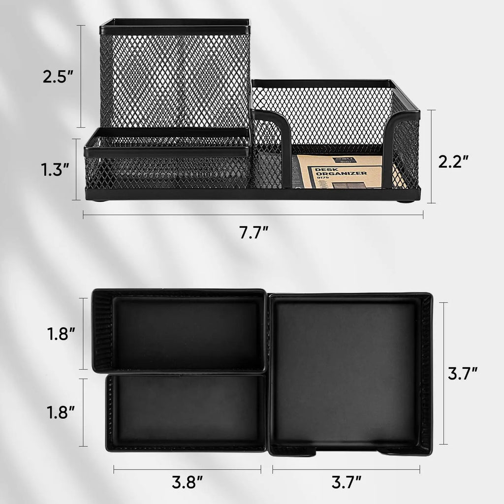 Mesh Desk Organizer with Pencil Holder & Storage Baskets — 3-Compartment