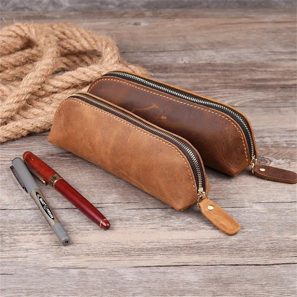 Vintage Leather-Style Pencil Case, Zipper Pen Pouch and Glasses Holder, Rustic Stationery Organizer Bag for School, Office and Journaling