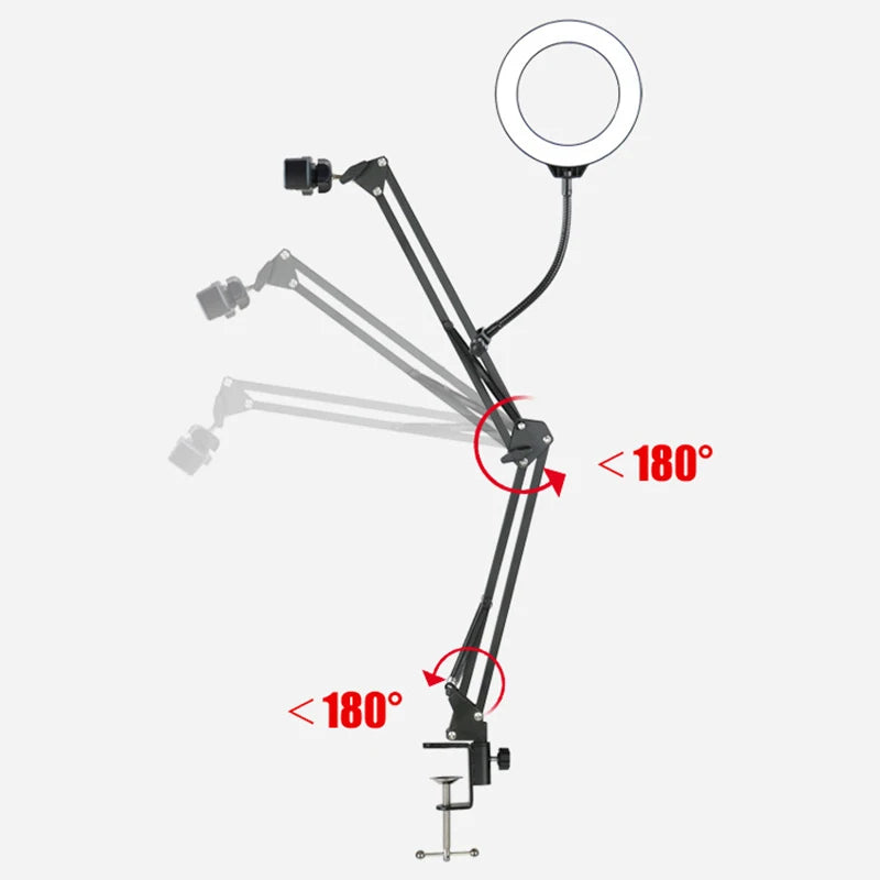 Overhead Phone Tripod Desk Mount with Optional Ring Light, Adjustable Arm Stand for Filming, Live Streaming and Recording Videos