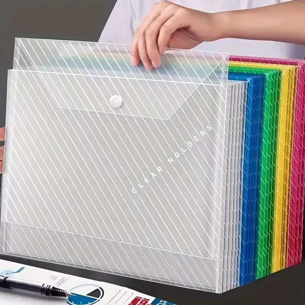 A4 Clear Plastic Document File Bags with Snap Button, Pocket Folders for Students and Office Organizing
