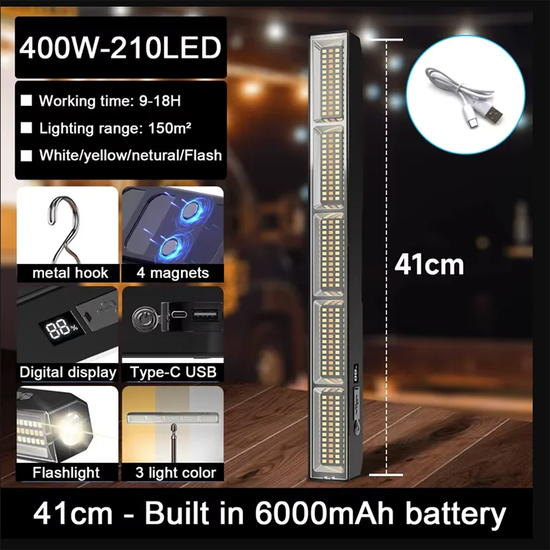 Rechargeable Magnetic LED Work Light Bar — 3 Modes, USB, IP66 Waterproof