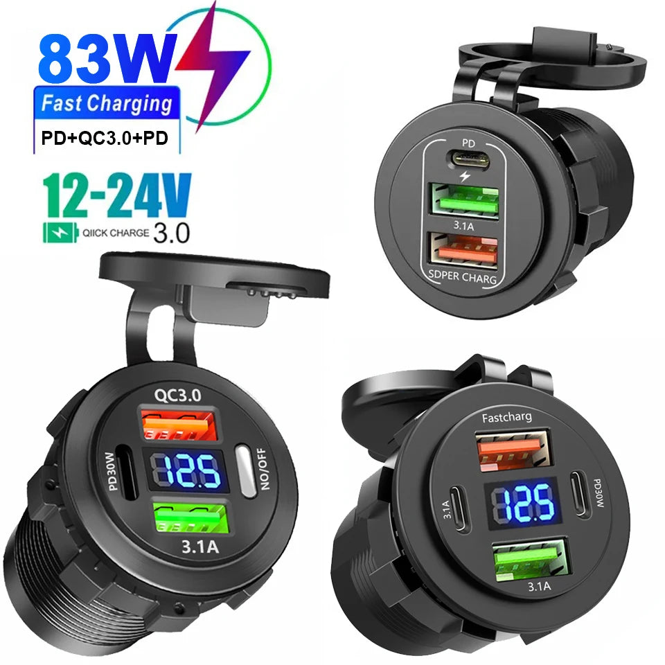 12V/24V Multi-Port USB Car Charger — PD/QC Fast Charging Socket with Voltmeter & On/Off Switch