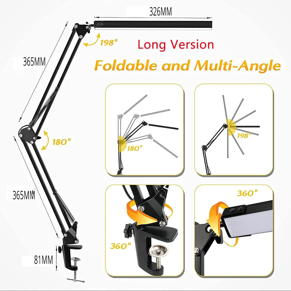 10W LED Clamp Desk Lamp — Adjustable Swing Arm, 3 Color Modes, 10 Brightness Levels & USB