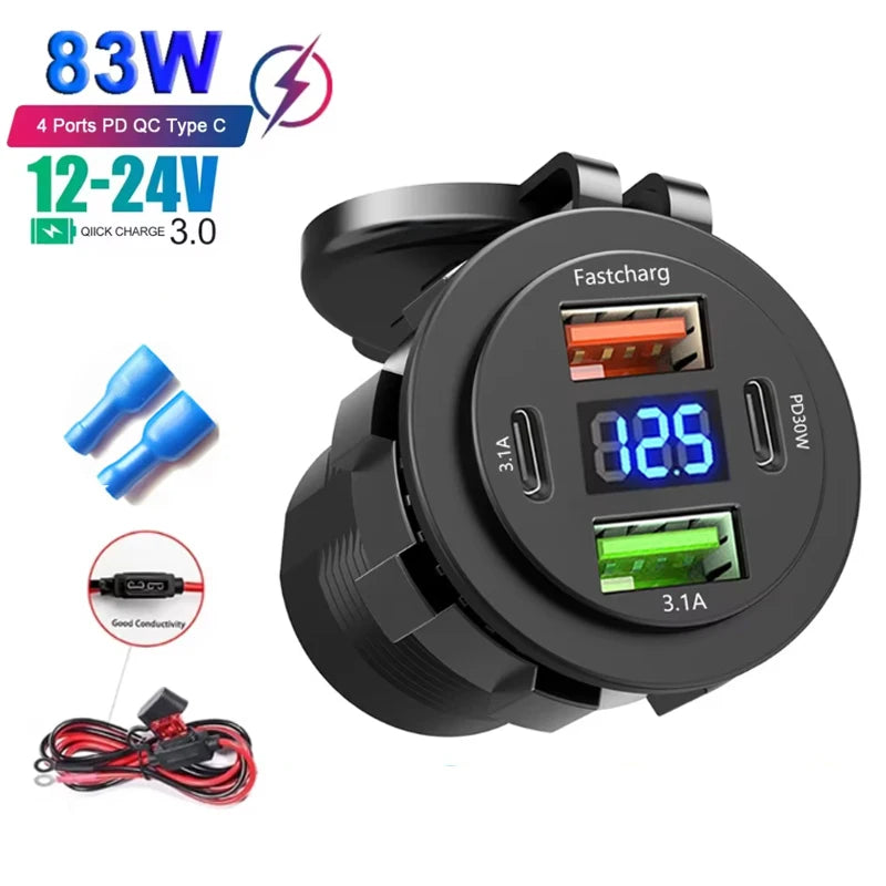 12V/24V Multi-Port USB Car Charger — PD/QC Fast Charging Socket with Voltmeter & On/Off Switch