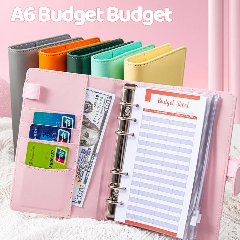 A6 PU Leather Budget Binder — Cash Envelope Savings System with Binder Pockets