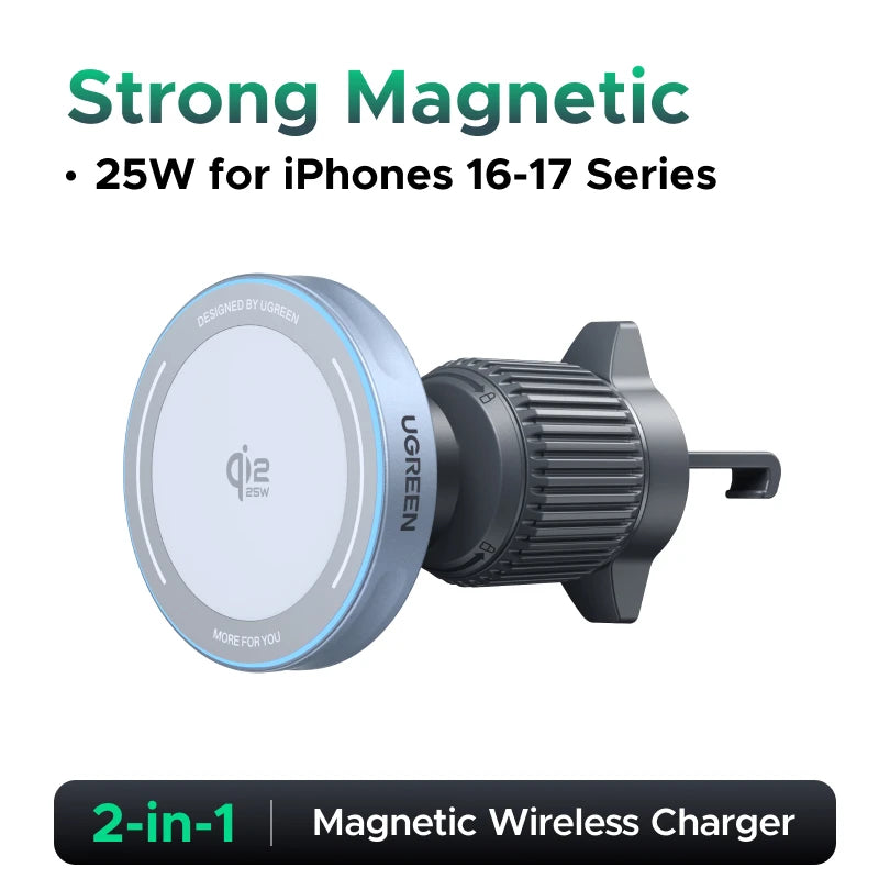 UGREEN Qi2.2 Magnetic Car Charger & Phone Holder — 15W/25W Wireless Charging Stand