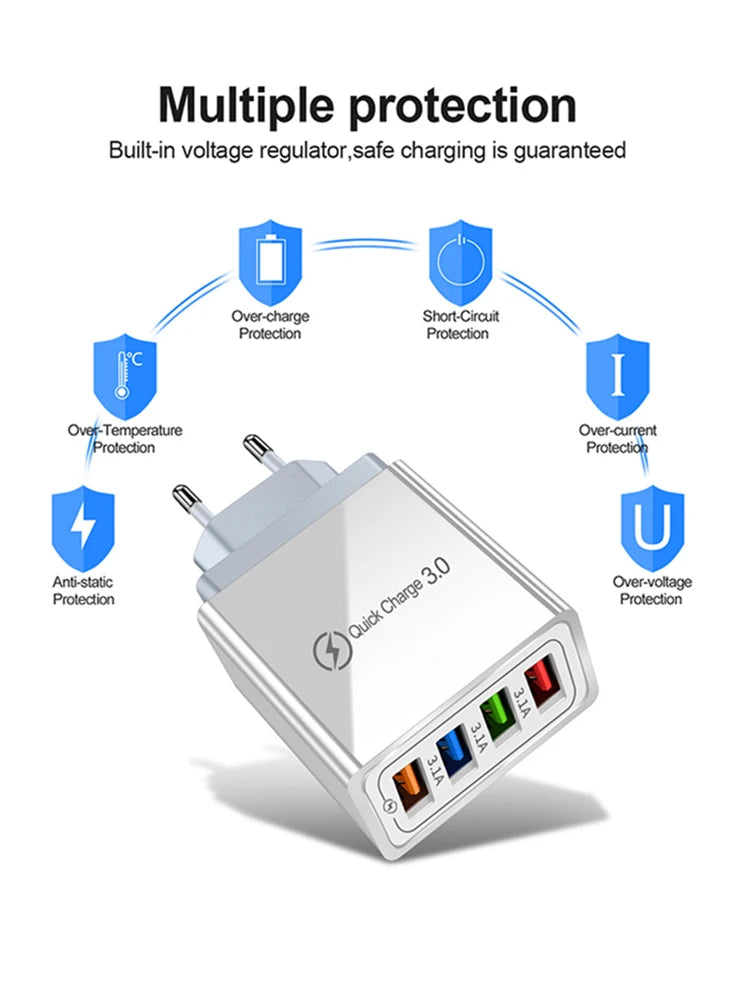 4-Port USB Wall Charger — 3A Quick Charge 3.0 Adapter with EU/US Plug