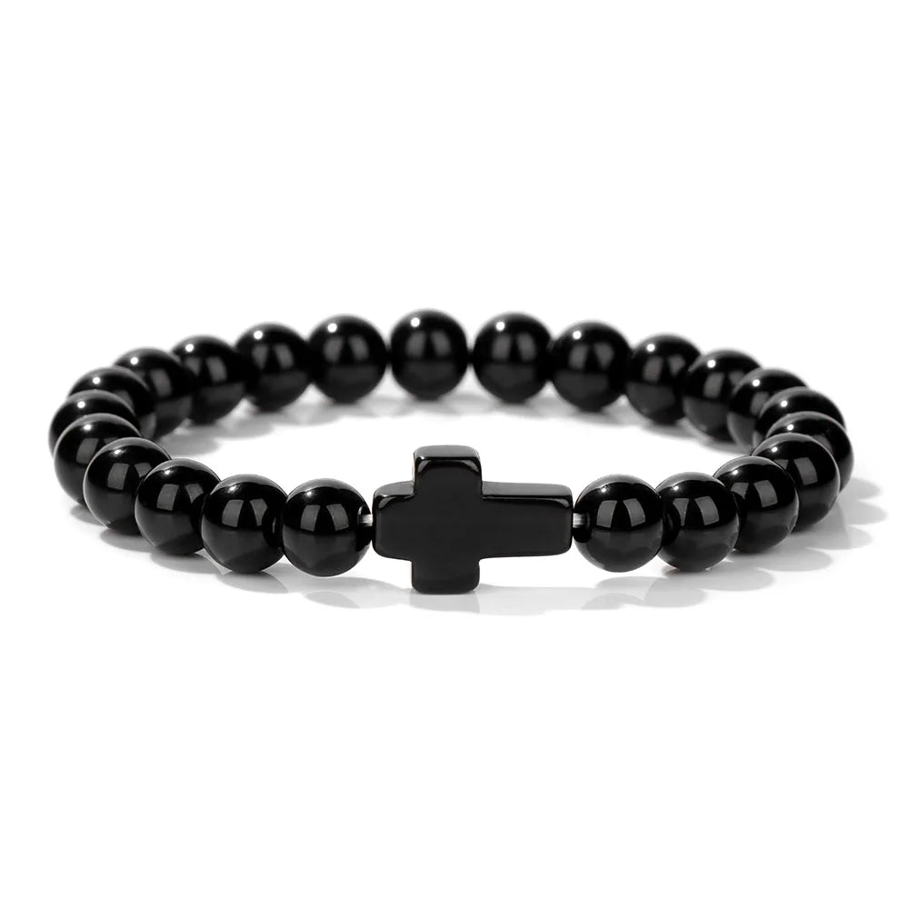 Natural Stone Cross Beaded Bracelet — Crystal Healing Prayer Jewelry