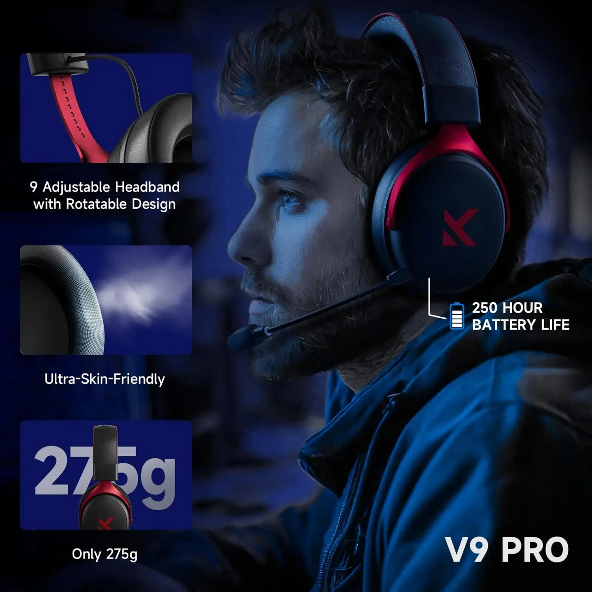 V9 Pro Wireless Gaming Headset 7.1 Surround Sound Headphones Noise Canceling Mic Low Latency Lightweight for PS5 PC SWITCH