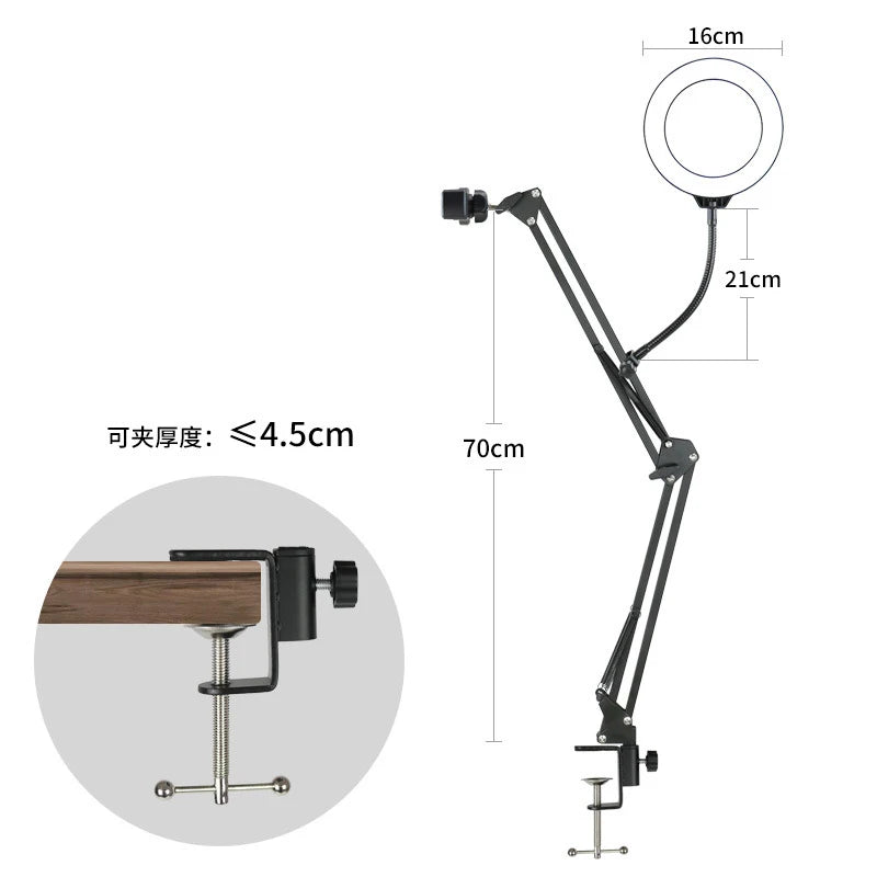 Overhead Phone Tripod Desk Mount with Optional Ring Light, Adjustable Arm Stand for Filming, Live Streaming and Recording Videos