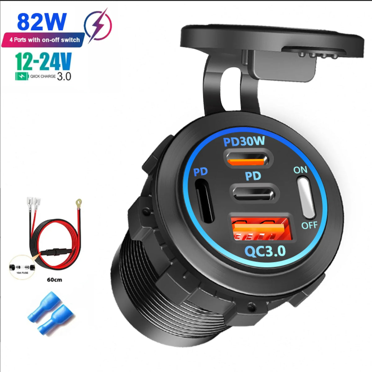 12V/24V Multi-Port USB Car Charger — PD/QC Fast Charging Socket with Voltmeter & On/Off Switch
