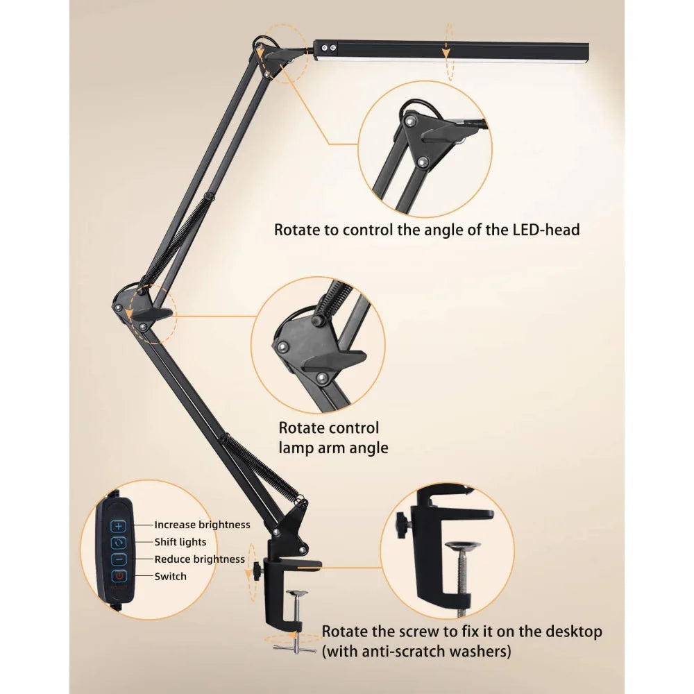 10W LED Clamp Desk Lamp — Adjustable Swing Arm, 3 Color Modes, 10 Brightness Levels & USB