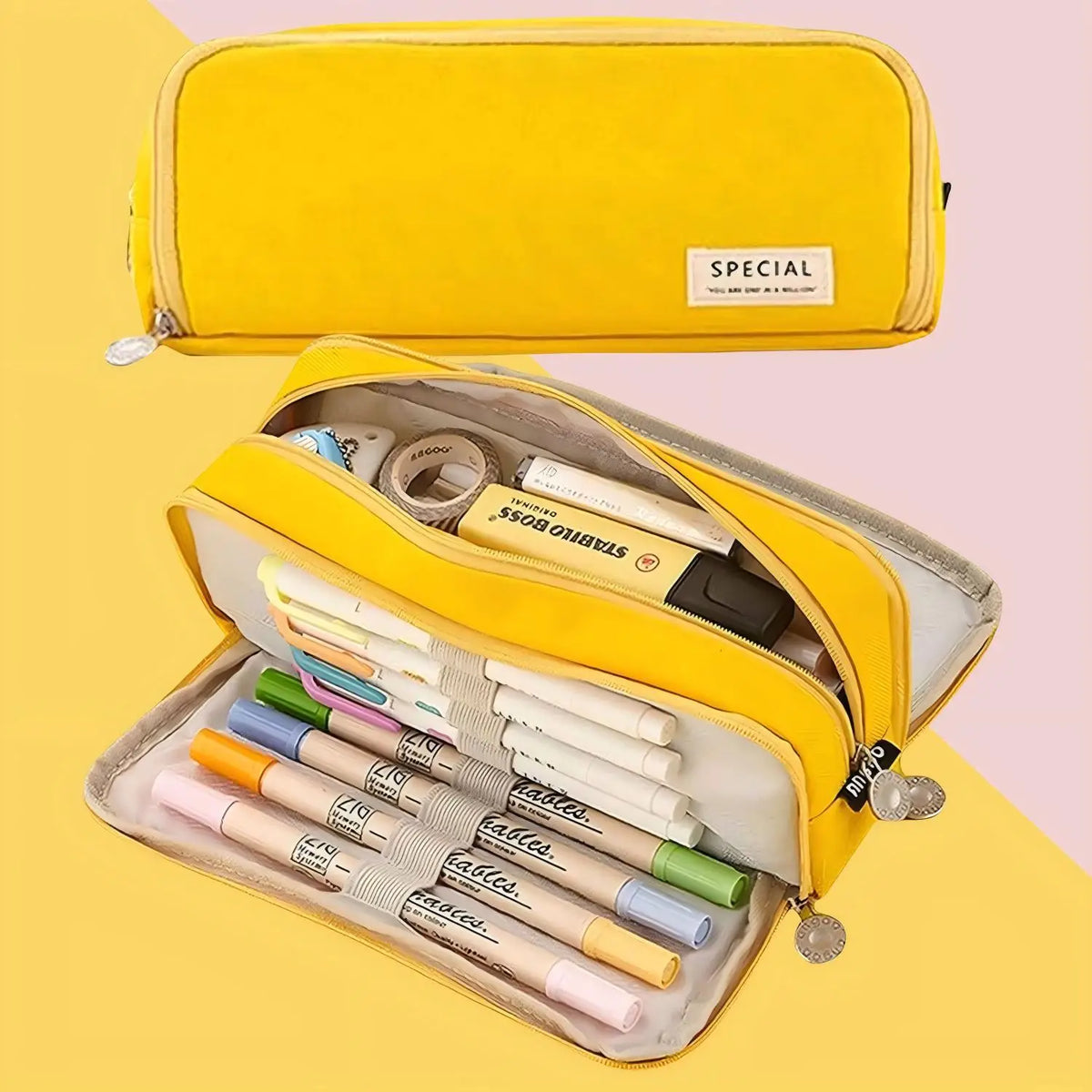 Large Capacity 3-Compartment Pencil Case & Desk Organizer Pouch