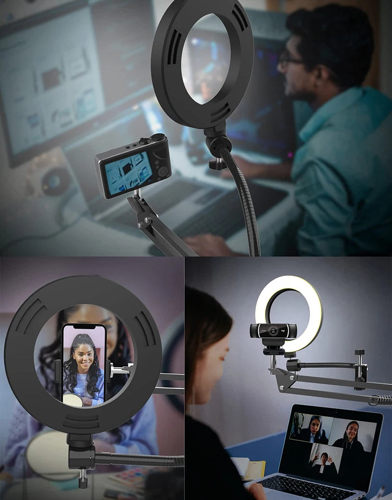 Overhead Phone Tripod Desk Mount with Optional Ring Light, Adjustable Arm Stand for Filming, Live Streaming and Recording Videos