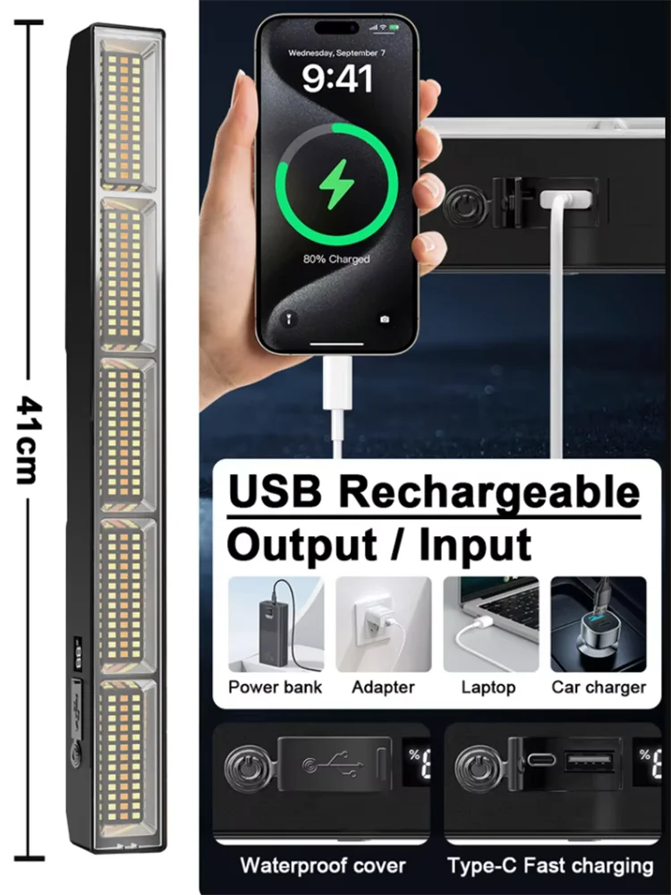 Rechargeable Magnetic LED Work Light Bar — 3 Modes, USB, IP66 Waterproof
