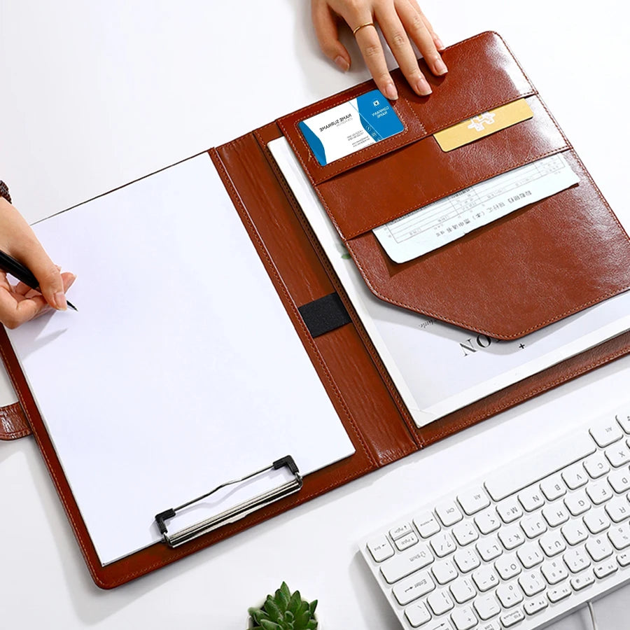 PU Leather A4 Padfolio Clipboard with Pen Holder and Card Slots for Business Meetings