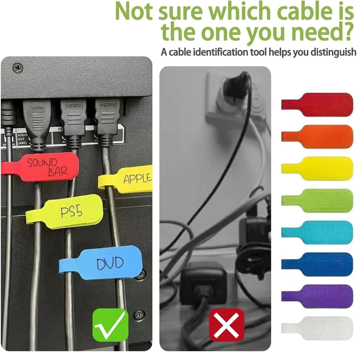 Reusable Color Coded Cable Labels for Chargers, Cords and Power Strips, 10 to 100 Pack