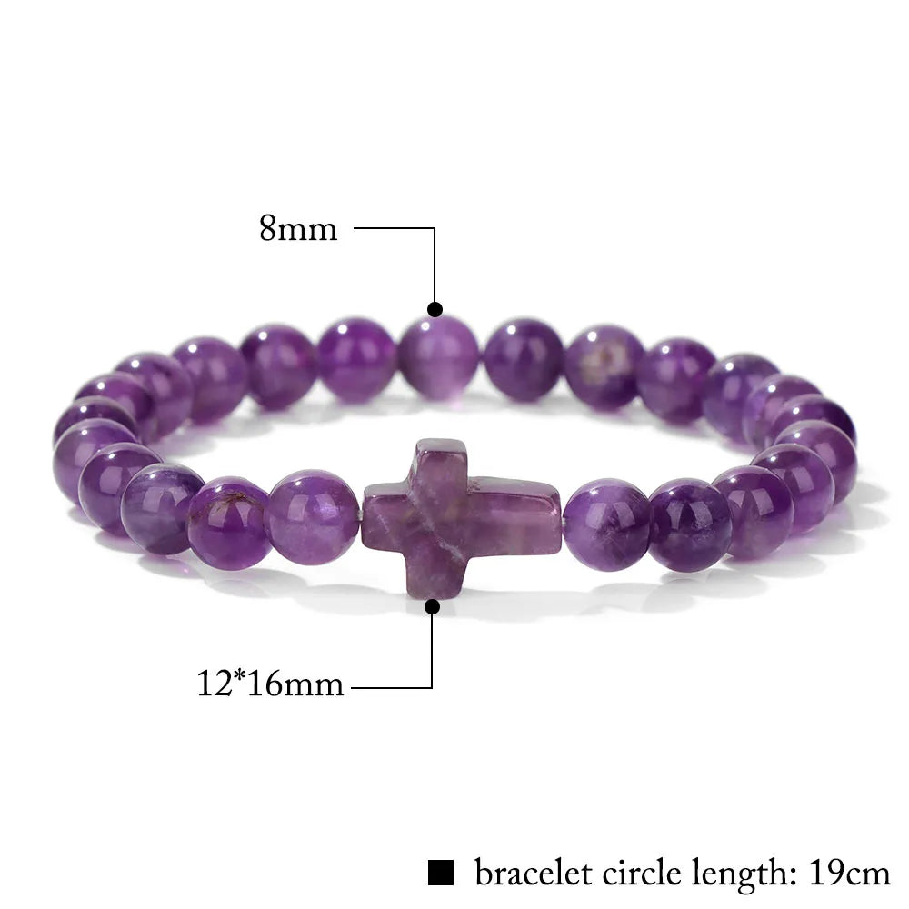 Natural Stone Cross Beaded Bracelet — Crystal Healing Prayer Jewelry