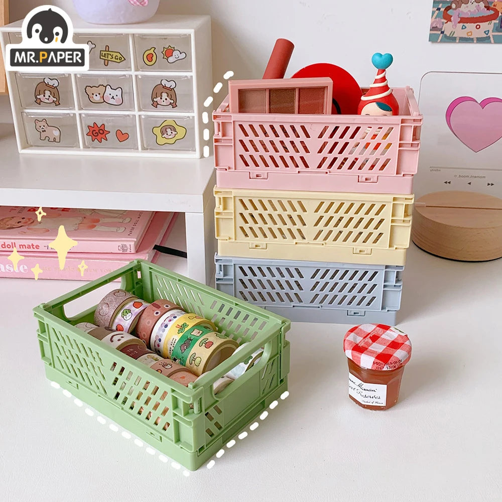 Stackable Foldable Plastic Desk Storage Basket, Cute Stationery Organizer Box for Student and Office Desktop Supplies