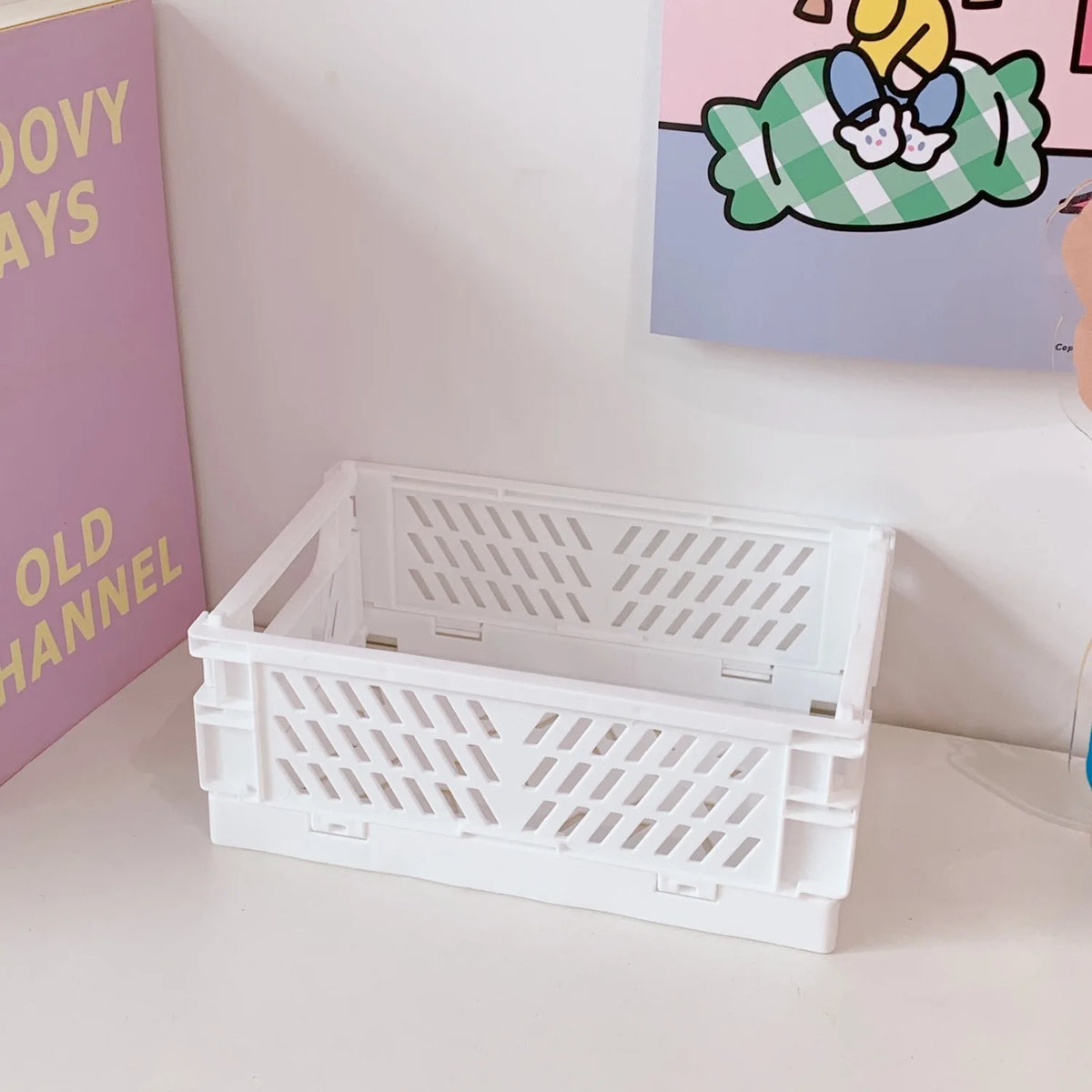 Stackable Foldable Plastic Desk Storage Basket, Cute Stationery Organizer Box for Student and Office Desktop Supplies