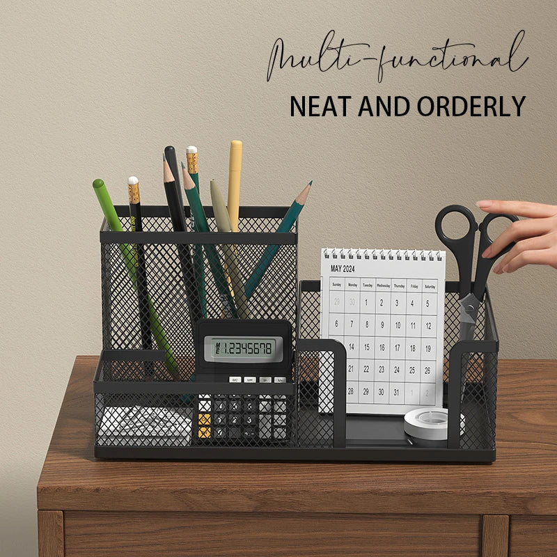 Mesh Desk Organizer with Pencil Holder & Storage Baskets — 3-Compartment