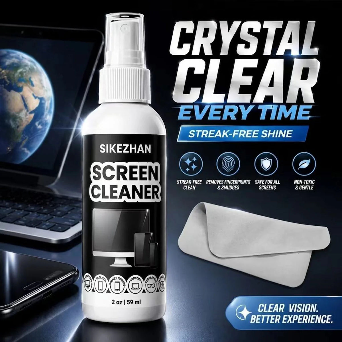 Screen Cleaner Spray Kit with Microfiber Cloth — for Phones, Laptops, Monitors & Glasses