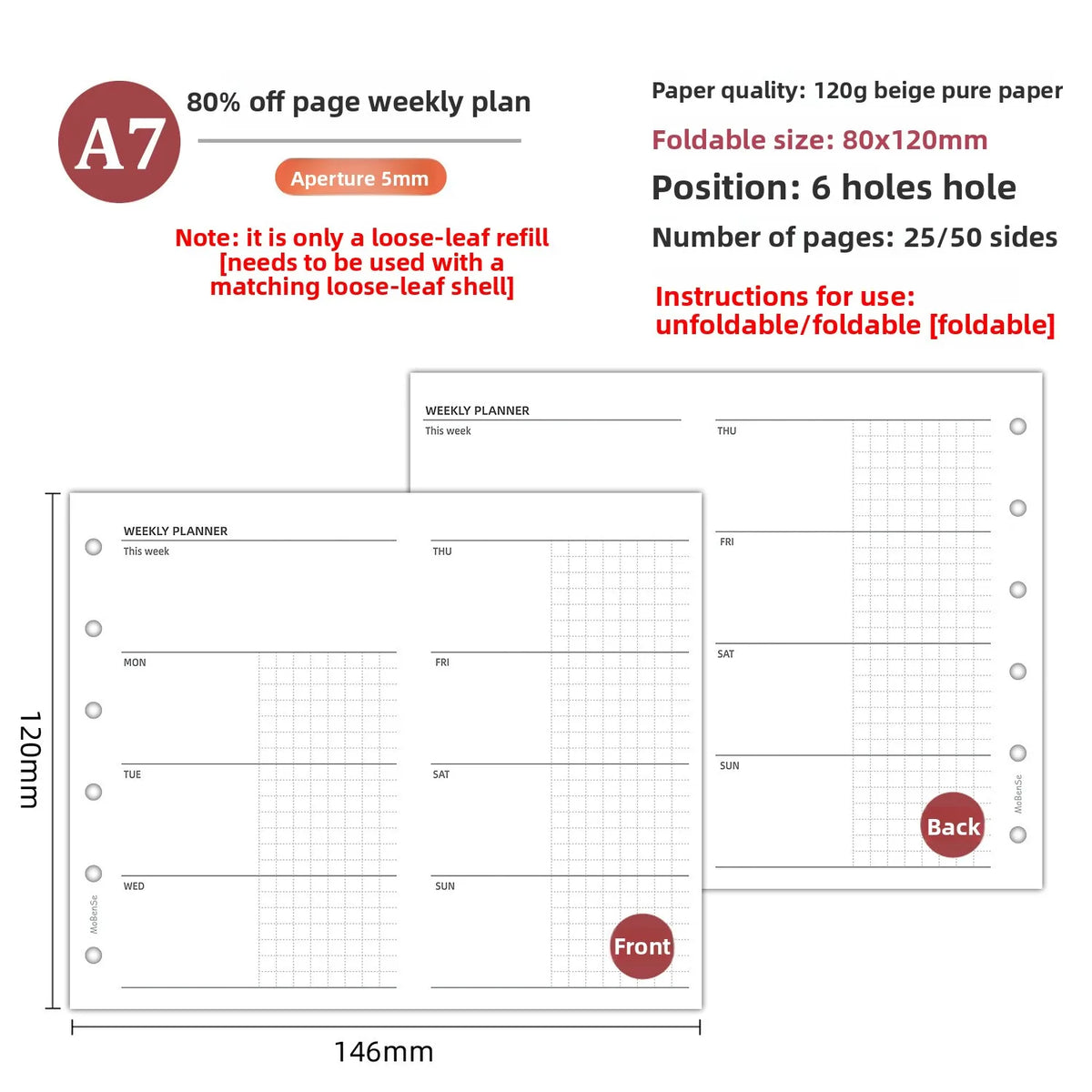 A7 Loose Leaf Notebook Refill Paper, 50 Sheet Binder Inserts in Weekly, Monthly, To Do, Grid, Lined and Blank Styles