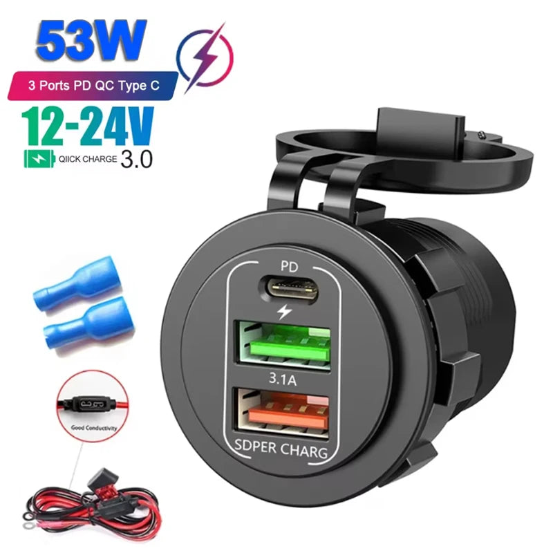 12V/24V Multi-Port USB Car Charger — PD/QC Fast Charging Socket with Voltmeter & On/Off Switch