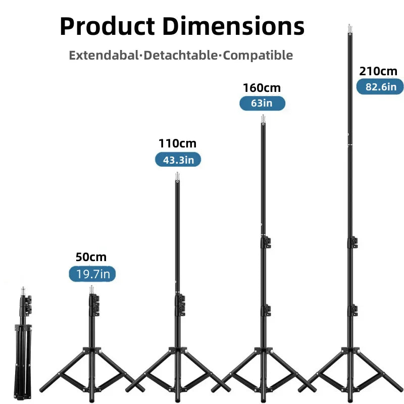 Adjustable Light Stand Tripod with Carry Bag, 50–210 cm Options