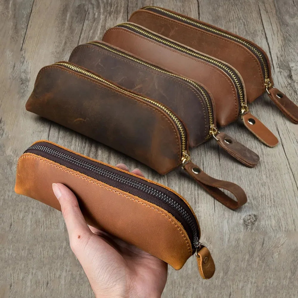 Vintage Leather-Style Pencil Case, Zipper Pen Pouch and Glasses Holder, Rustic Stationery Organizer Bag for School, Office and Journaling