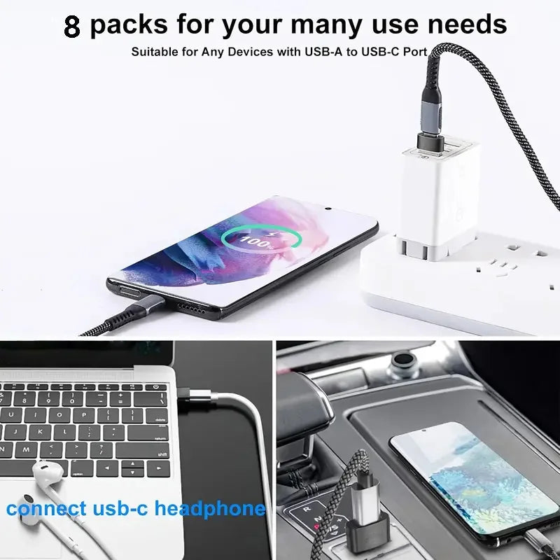 8-in-1 USB to USB-C Adapter Set — Micro USB & USB-C Female to USB Male Converter for Laptop & Car