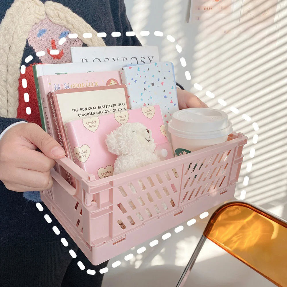 Stackable Foldable Plastic Desk Storage Basket, Cute Stationery Organizer Box for Student and Office Desktop Supplies