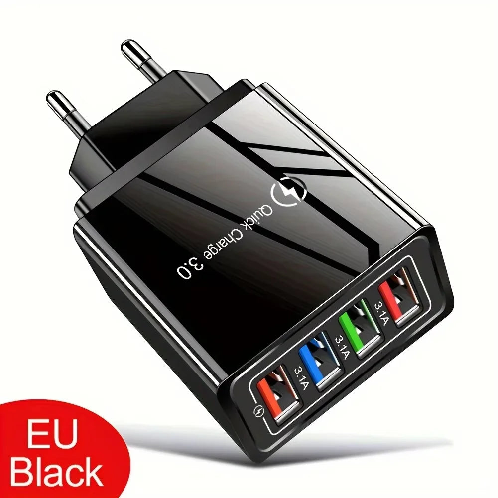4-Port USB Wall Charger — 3A Quick Charge 3.0 Adapter with EU/US Plug