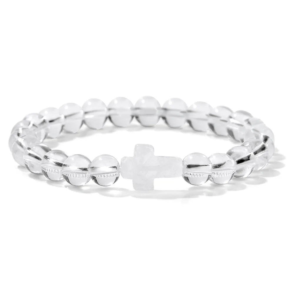 Natural Stone Cross Beaded Bracelet — Crystal Healing Prayer Jewelry