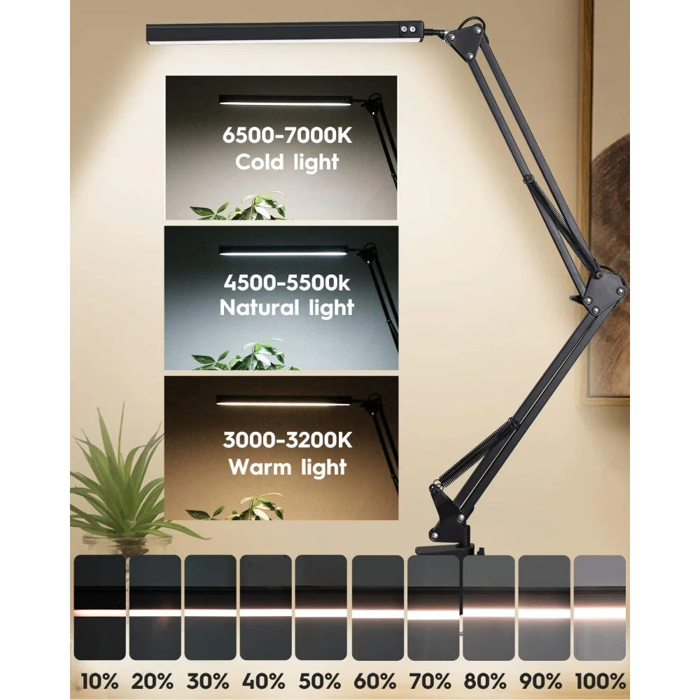 10W LED Clamp Desk Lamp — Adjustable Swing Arm, 3 Color Modes, 10 Brightness Levels & USB