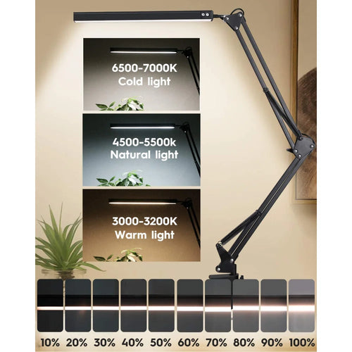 10W LED Clamp Desk Lamp — Adjustable Swing Arm, 3 Color Modes, 10 Brightness Levels & USB