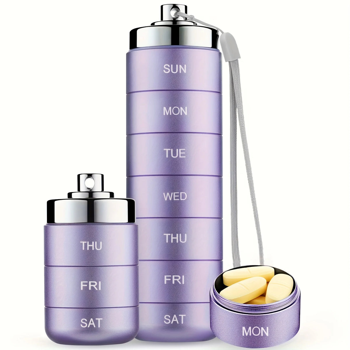 7 Day Metal Pill Organizer, Stackable Aluminum Weekly Pill Box with Keychain, Portable Travel Pill Case for Vitamins and Supplements
