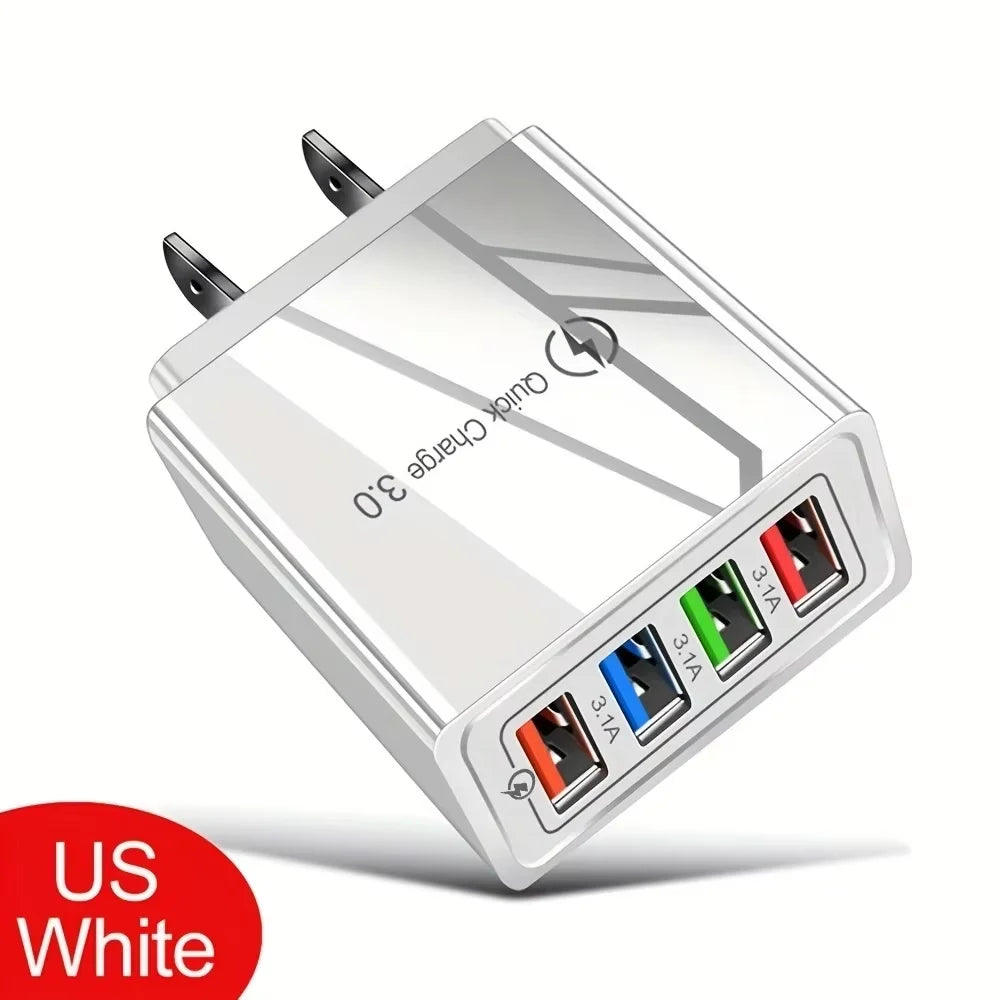 4-Port USB Wall Charger — 3A Quick Charge 3.0 Adapter with EU/US Plug