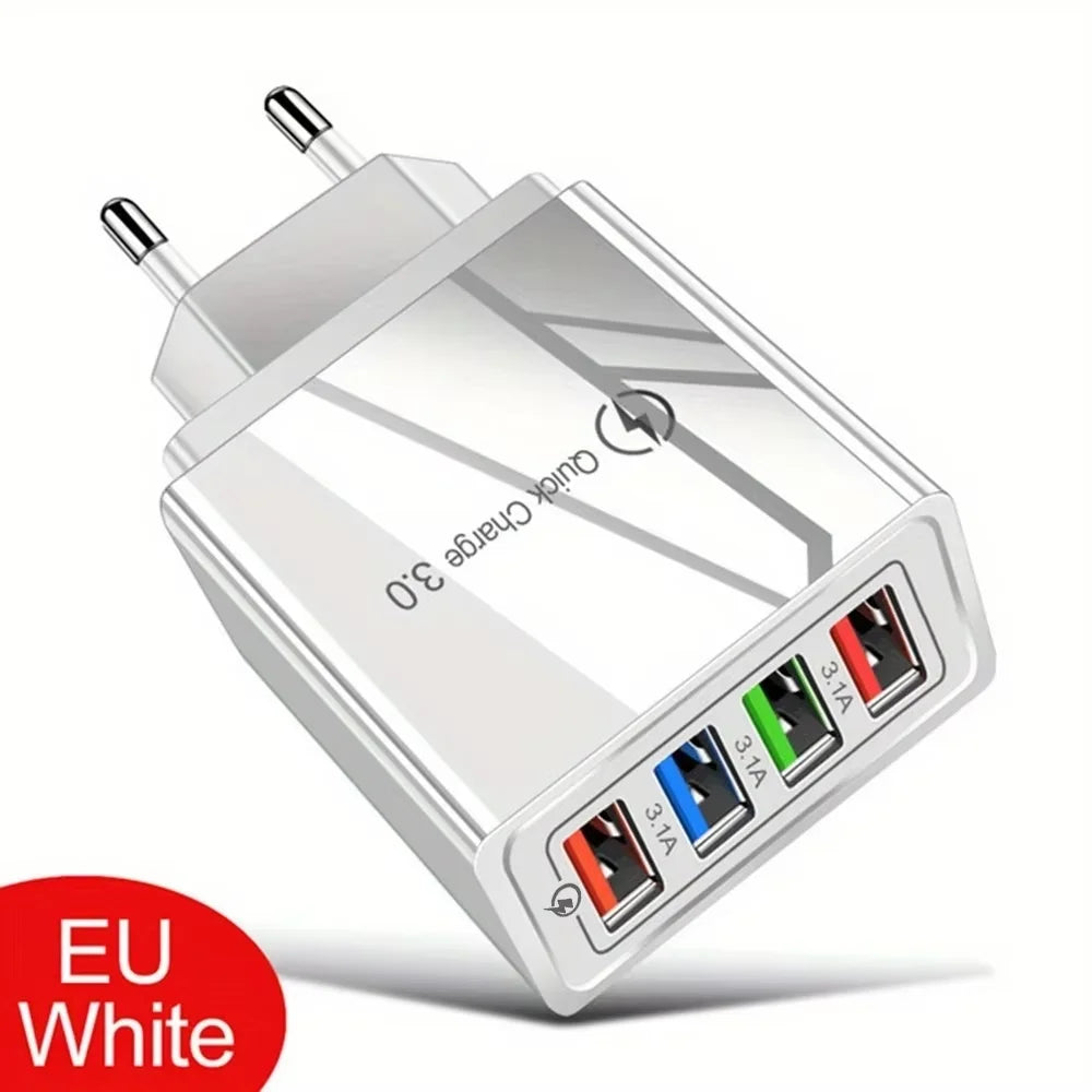 4-Port USB Wall Charger — 3A Quick Charge 3.0 Adapter with EU/US Plug