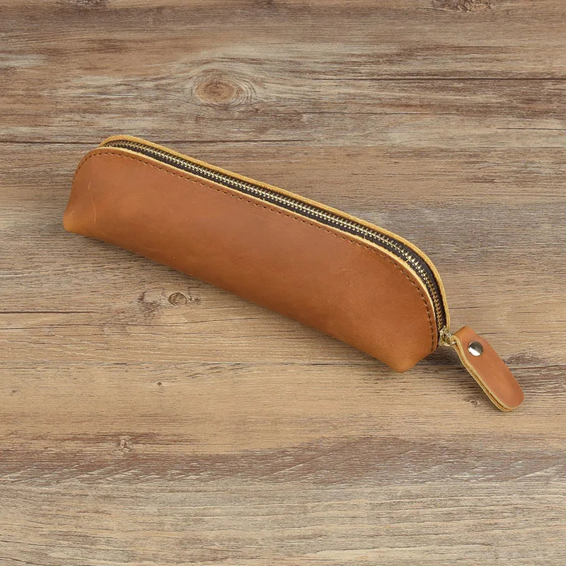 Vintage Leather-Style Pencil Case, Zipper Pen Pouch and Glasses Holder, Rustic Stationery Organizer Bag for School, Office and Journaling