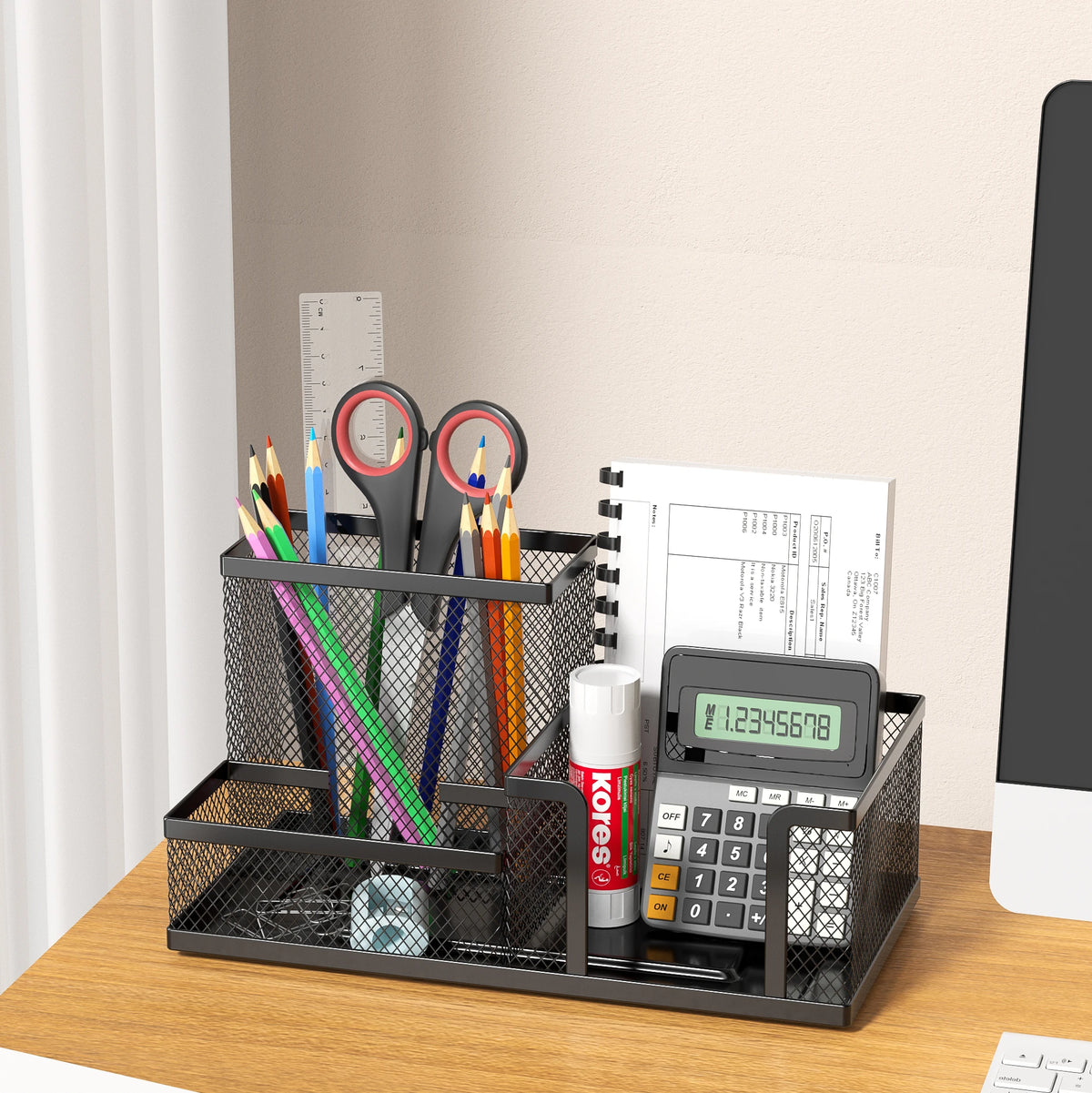 Mesh Desk Organizer with Pencil Holder & Storage Baskets — 3-Compartment