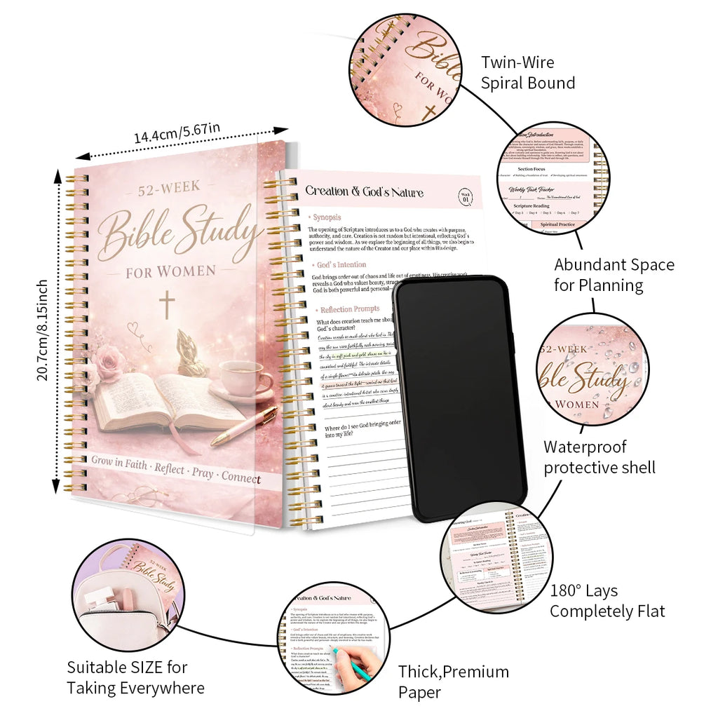 52 Week Bible Study Journal for Women, Spiral Bound Guided Faith Planner with Daily Scripture Reading and Reflection Tracker