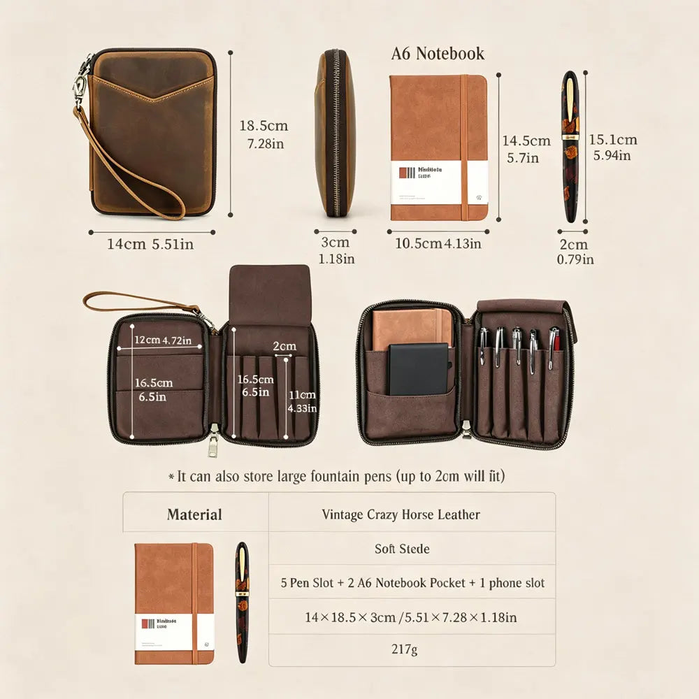 Leather Pen Case Organizer with 5 Pen Slots and A6 Notebook Pocket, Zippered Stationery Storage Case for Office and School