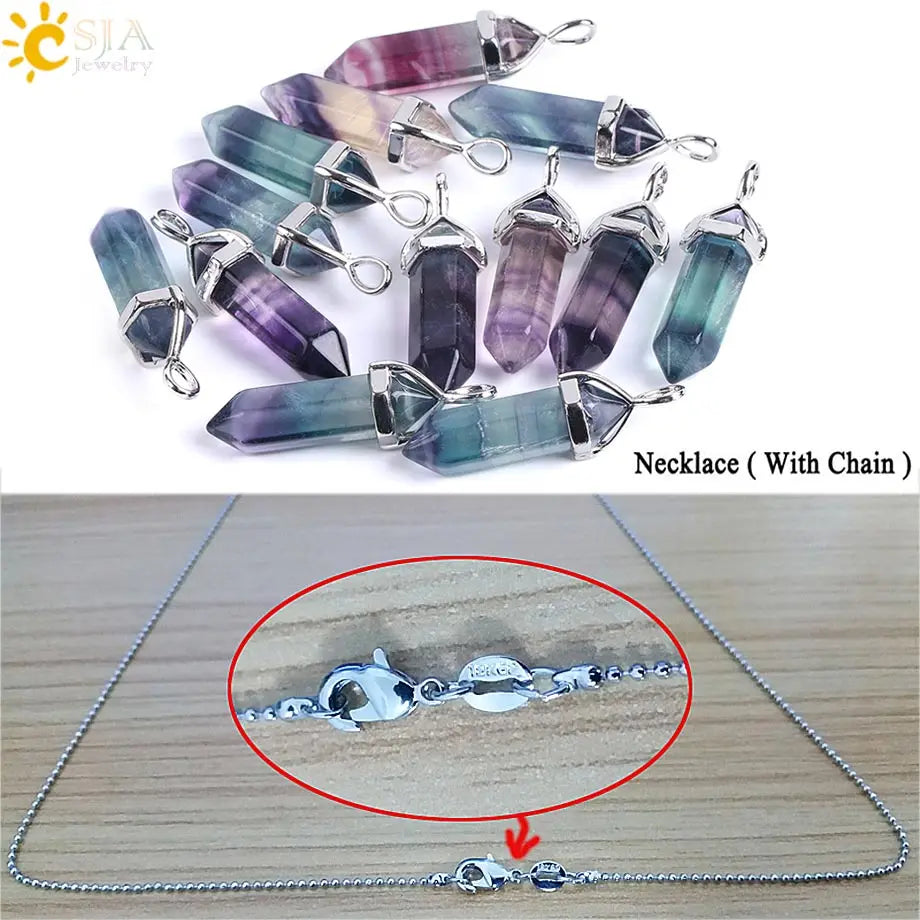 Natural Fluorite Crystal Hexagonal Point Pendant Necklace — Reiki Healing"