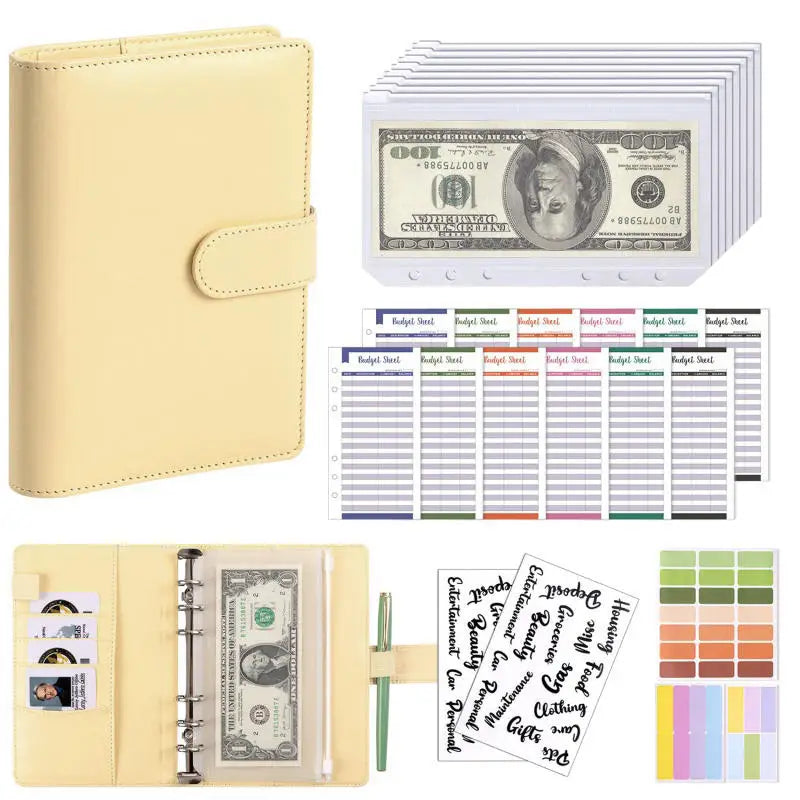 A6 PU Leather Budget Binder — Cash Envelope Savings System with Binder Pockets