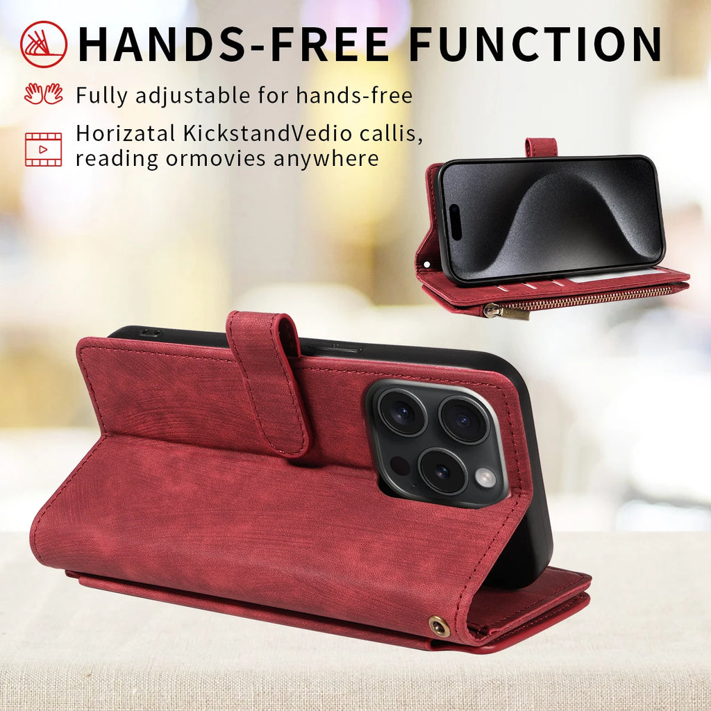 Magnetic Leather Flip Wallet Case for iPhone 11-17 Series (Pro, Pro Max, Plus, Air)